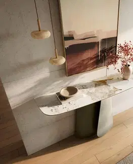 Konzolové stolíky DELIFE Konzolový stolík Edge zaoblený tvar 140×40 cm keramika Minas Melange bielo-béžová Livos kov titánová farba