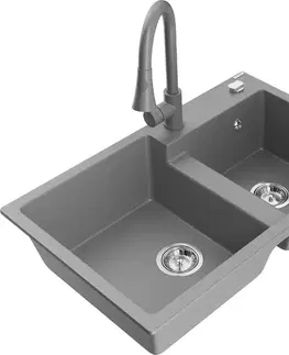 Kuchynské drezy MEXEN/S MEXEN/S - Tomas granitový drez 2-bowl vrátane batérie Elia, šedá 6516-71-670101-71
