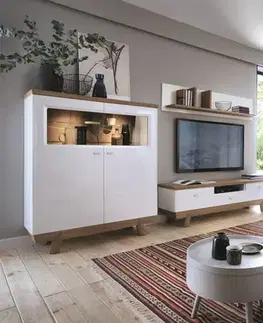 Komody TARANKO Aspen AS-KB barová skrinka s osvetlením biely vysoký lesk / dub (Grande 01)