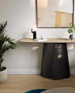 Konzolové stolíky DELIFE Konzolový stolík Edge zaoblený 140×40 cm keramika Laminam® sabbia dubová farba Livos kov čierna