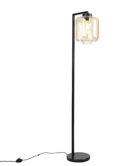 Stojace lampy Dizajnová stojaca lampa čierna s jantárovým sklom - Qara Down
