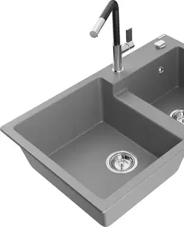 Kuchynské drezy MEXEN/S MEXEN/S - Tomas granitový drez 2-bowl vrátane batérie Flora, šedá 6516-71-670401-07