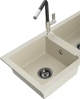 Kuchynské drezy MEXEN/S MEXEN/S - Mario granitový drez 2-bowl vrátane batérie Flora, béžová 6504-69-670401-07-B