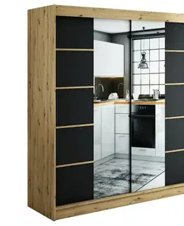 Šatníkové skrine Skriňa Halifax V4 200 Dub Artisan/čierna/Zrkadlo