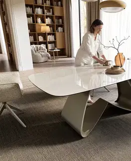 Jedálenské stoly DELIFE Jedálenský stôl Edge oválny 200x100 cm keramika onyx šampanské podstava v tvare W kov titánová farba