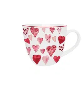 Hrnčeky, šálky, podšálky DUO - Hrnček 460ml HEARTS 1, biely a červené srdcia, porcelán