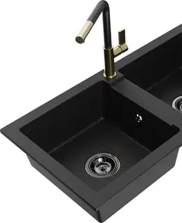 Kuchynské drezy MEXEN/S MEXEN/S - Mario granitový drez 2-bowl vrátane batérie Flora, čierna 6504-77-670401-57-B