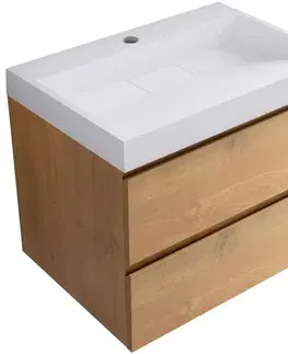 Kúpeľňový nábytok CERANO - Kúpeľňová skrinka Carole - dub medový + umývadlo z lit. mramoru Vita - biela lesklá - s otvorom - 70x58x46 CER-669112