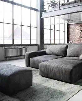 Rohové sedacie súpravy DELIFE Rohová pohovka Lanzo 230x155 cm imitácia kože vintage antracitová ležadlo variabilné s taburetom