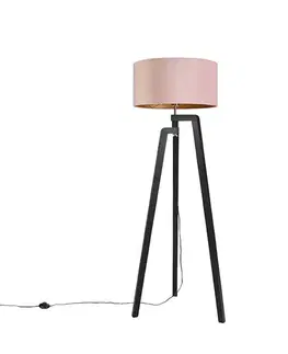 Stojace lampy Stojaca lampa trojnožka čierna s ružovým tienidlom a zlatom 50 cm - Puros