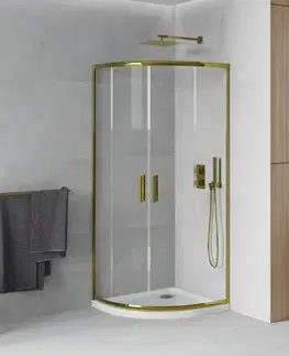Vane MEXEN/S - Rio sprchovací kút štvrťkruh 80x80, transparent, zlatá + biela vanička so sifónom 863-080-080-50-00-4110G