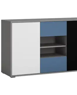 Komody do spálne Komoda Laser LASK02B 2D2S platinovo sivá/čierna perla/alpská biela/modrá