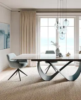 Jedálenské stoly DELIFE Jedálenský stôl Edge 200-300×100 cm keramika onyx champagne infinity kov čierna rozkladací