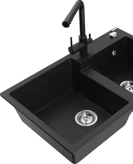 Kuchynské drezy MEXEN/S MEXEN/S - Tomas granitový drez 2-bowl vrátane batérie Duero, čierna 6516-77-671600-70