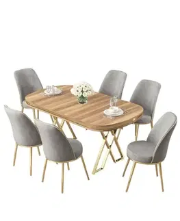 Jedálenské sety Dining Table & Chairs Set (7 Pieces) Lai - Light Walnut, Gold, Grey