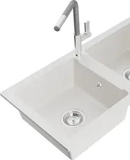 Kuchynské drezy MEXEN/S MEXEN/S - Mario granitový drez 2-bowl vrátane batérie Flora, biela 6504-20-670401-06