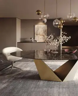 Jedálenské stoly DELIFE Jedálenský stôl Edge oválny 280x130 keramika Laminam® Emperador extra leštený tmavohnedá Prisma metalická zlatá