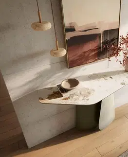 Konzolové stolíky DELIFE Konzolový stolík Edge polygonálny 140×50 cm keramika Minas melange bielo-béžová Livos kov titánová farba