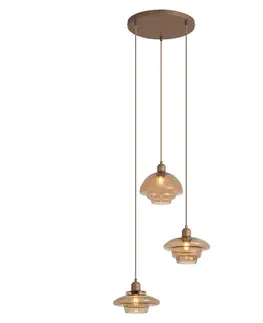 Závesné svietidlá Retro závesná lampa tmavý bronz s jantárovými tienidlami 3-svetelná - Smokey