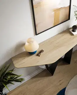 Konzolové stolíky DELIFE Konzolový stolík Edge polygonálny 180×50 cm keramika Laminam® Sabbia dubová farba Spios kov čierna