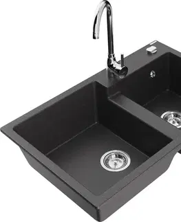 Kuchynské drezy MEXEN/S MEXEN/S - Tomas granitový drez 2-bowl vrátane batérie Telma, čierna kropenatá 6516-76-670200-00