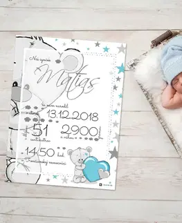 Obrazy do detskej izby Darčeky - Tabuľka o narodení dieťatka s medvedom - odosielame do 24 hodín