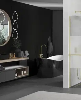 Sprchové dvere MEXEN/S - Kioto+ Sprchová zástena WALK-IN s poličkou a držiakom uterákov 90 x 200, transparent/dekor, zlatá kartáčovaná 800-090-121-55-35