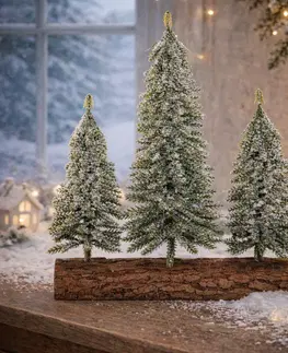 Vianočné dekorácie Vianočná dekorácia Smreky na kláte - trio, 34 cm, srienistý, zelená