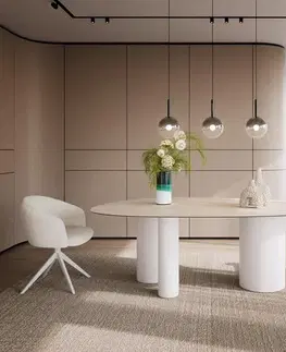 Jedálenské stoly DELIFE Jedálenský stôl Edge oválny 220x120 keramika Laminam® Travertino Bianco krémovo biela Troa kov biela
