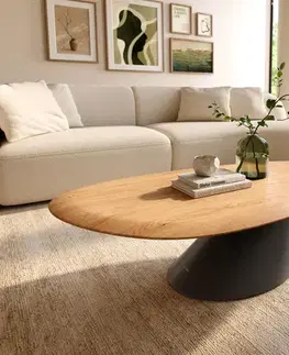 Konferenčné stolíky DELIFE Konferenčný stolík Edge oválny 140x75 cm dub prírodný zaoblená hrana Conis kov čierna