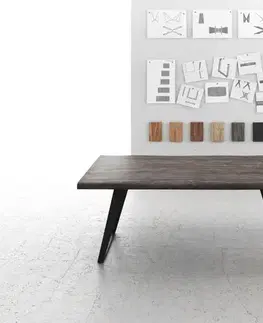 Jedálenské stoly DELIFE Jedálenský stôl Edge 200x100 XL akácia platinová kov šikmý Live-Edge