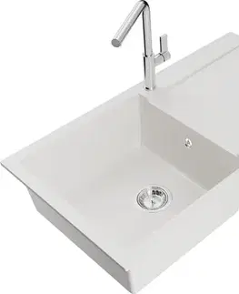 Kuchynské drezy MEXEN/S MEXEN/S - Leo granitový drez 1 s odkvapkávačom vrátane batérie Flora, biela 6501-20-670401-00