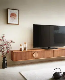 Televízne stolíky DELIFE TV stolík Surimu 240 cm akácia svetlohnedá 4 dvierka korková rukoväť závesný