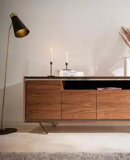 Komody DELIFE Komoda Stonegrace 175 cm akácia hnedá kamenná dyha 4 dvierka 1 priehradka podstava v tvare V čierna