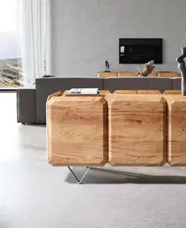 Komody DELIFE Komoda Kiano 145 cm akácia prírodná 3 dvierka podstava v tvare V nerezová oceľ paraván