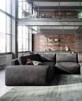 Sedacie súpravy XL DELIFE Pohovka v tvare "U" Lanzo 300x210 cm imitácia kože vintage antracitová ležadlo variabilné s taburetom