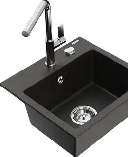 Kuchynské drezy MEXEN/S MEXEN/S - Milo granitový drez 1-miska vrátane batérie Flora, čierna/zlatá metalik 6505-75-670401-00