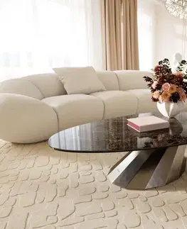 Konferenčné stolíky DELIFE Konferenčný stolík Edge oválny 140x75 cm keramika Laminam® Emperador Extra Lucidato tmavohnedá Parabi nerezová oceľ kefovaná