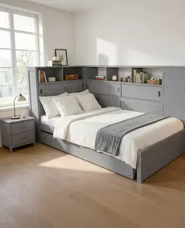 Postele KONDELA Lendon jednolôžková posteľ s prístelkou a regálmi 90x200 sivá
