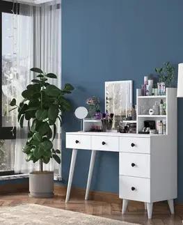 Kozmetický stolík PEAR toaletný stolík so zrkadlom, biela