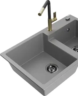 Kuchynské drezy MEXEN/S MEXEN/S - Tomas granitový drez 2-bowl vrátane batérie Flora, šedá 6516-71-670401-57-B