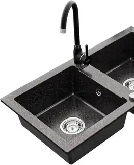 Kuchynské drezy MEXEN/S MEXEN/S - Mario granitový drez 2-bowl vrátane batérie Telma, čierna kropenatý 6504-76-670200-76
