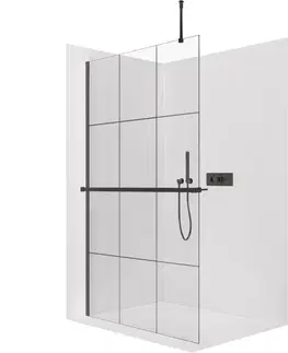 Držadlá k vani CERANO - Sprchová zástěna Walk-in Onyx Top Round L/P - 8 mm - kulatá vzpěra + polička/držák na ručníky - černá matná, industriální sklo - 90x200  CER-8050BD1483