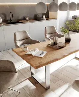 Jedálenské stoly DELIFE Jedálenský stôl Edge 240x100 cm akácia prírodná nerezová oceľ úzky Live-Edge