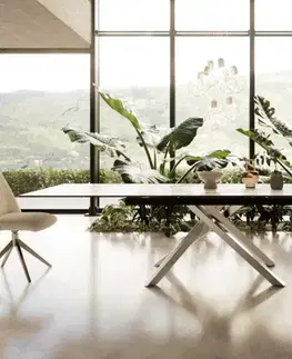 Jedálenské stoly DELIFE Jedálenský stôl Edge 200-300x100 keramika Calacatta Luxe bielo-zlato-šedá krížová podstava obdĺžnik nerezová oceľ rozkladací