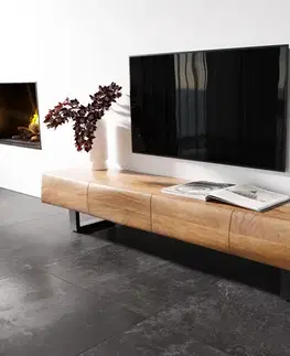 Televízne stolíky DELIFE TV stolík New Live-Edge 200 cm akácia prírodná 4 dvierka tenká podstava kov čierna