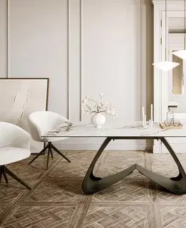 Jedálenské stoly DELIFE Jedálenský stôl Edge oválny 200x100 cm keramika Calacatta Luxe bielo-zlato-šedá podstava v tvare W kov efektová titánová farba