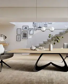 Jedálenské stoly DELIFE Jedálenský stôl Edge zaoblený tvar 300×120 cm keramika Laminam® sabbia v dubovej farbe podstava v tvare W kov čierna