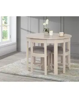 Jedálenské sety KONDELA Domio 1+4 jedálenský set biela vzor drevo / sivobéžová