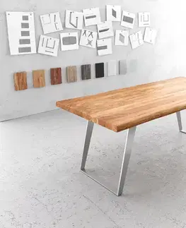 Jedálenské stoly DELIFE Jedálenský stôl Edge 200x100 cm XL akácia prírodná nerezová oceľ strieborná skosený Live-Edge